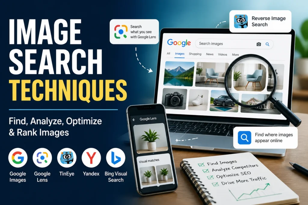 SEO expert using visual search tools and reverse image search on a laptop.