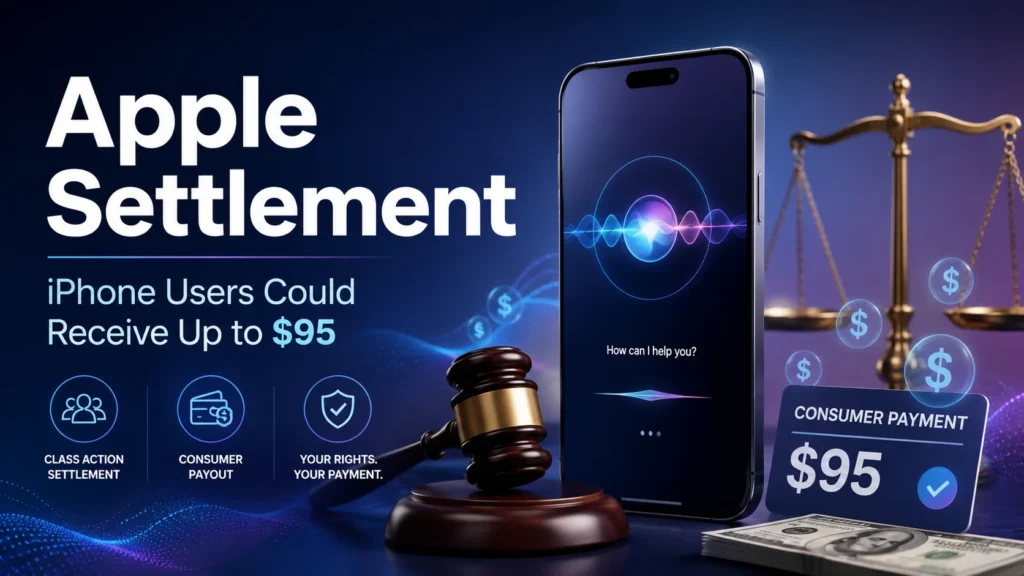 Apple settlement news graphic showing a smartphone, legal gavel, justice scale, AI voice waveform, and $95 consumer payout message.
