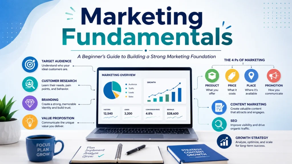 Beginner friendly guide explaining marketing fundamentals with customer, strategy, product, pricing, and promotion concepts.