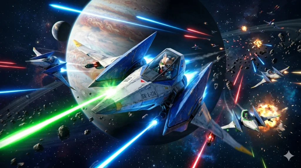 Star Fox McCloud piloting the Arwing in a space battle with Falco, Slippy, and Peppy in the background – Star Fox Switch 2 news.
