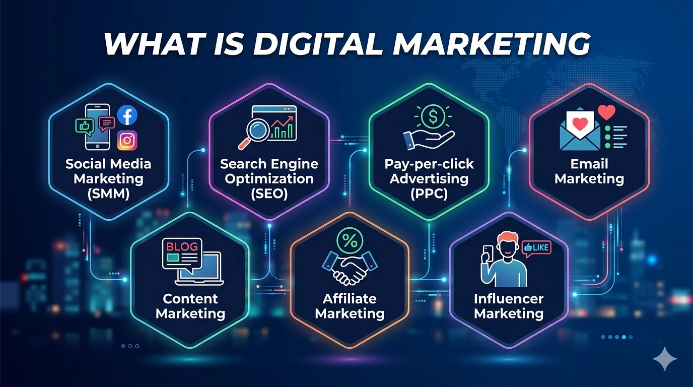 Infographic defining 7 types of digital marketing, including SEO, PPC, Social Media, Content, and Influencer Marketing.