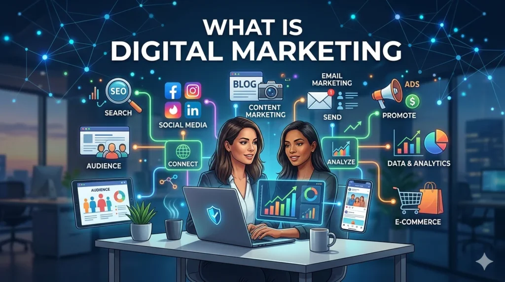 A vibrant digital illustration showing interconnected components of digital marketing like SEO, social media, content marketing, email marketing, and analytics surrounding a businesswoman using a laptop.