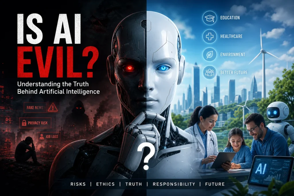 Featured image showing a split AI robot face between a dark risky future and a bright helpful future, representing the question “is AI evil?”
